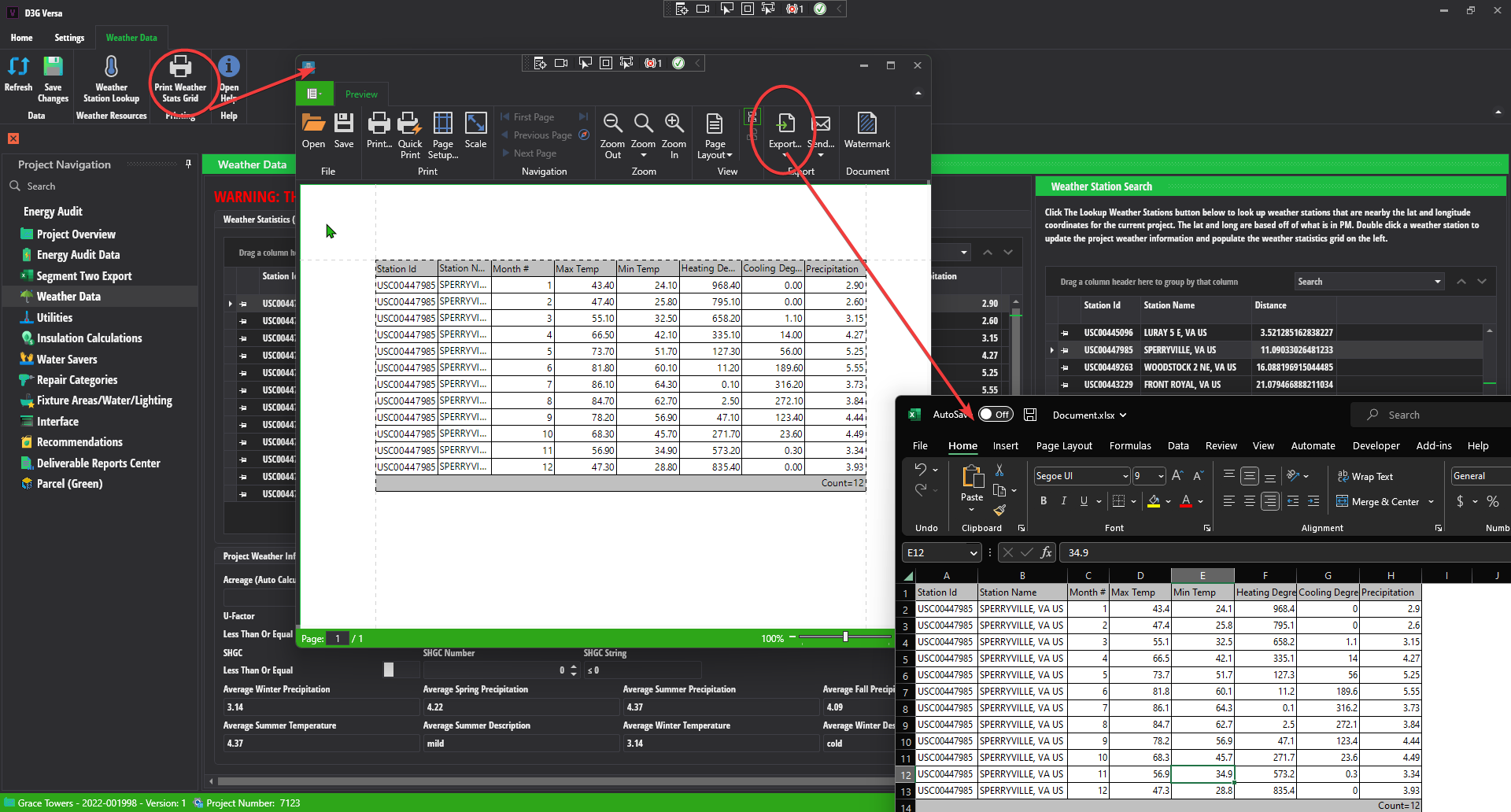Weather stats grid print / export example