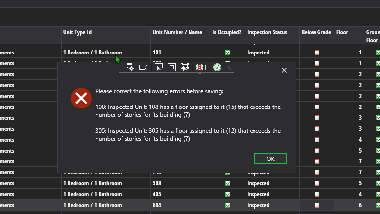 Inspected units - you cannot save inspected units with floors greater than their buildings stories