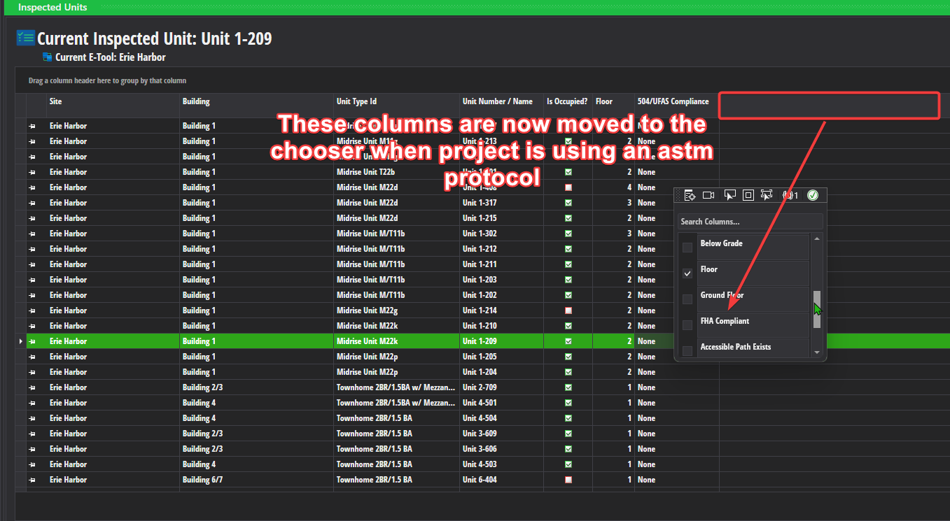 Astm Projects - default columns for inspected units