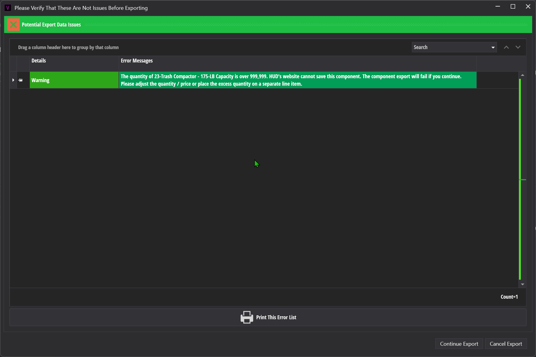 Export Screen - Quantity Warning  - 4112023