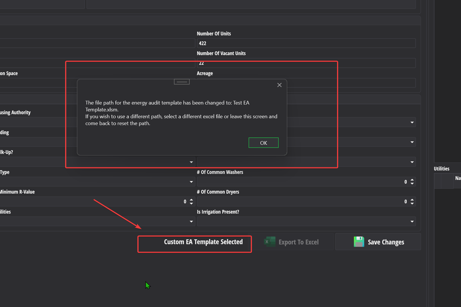After you select the template, Versa will show it next to the export button and display this message