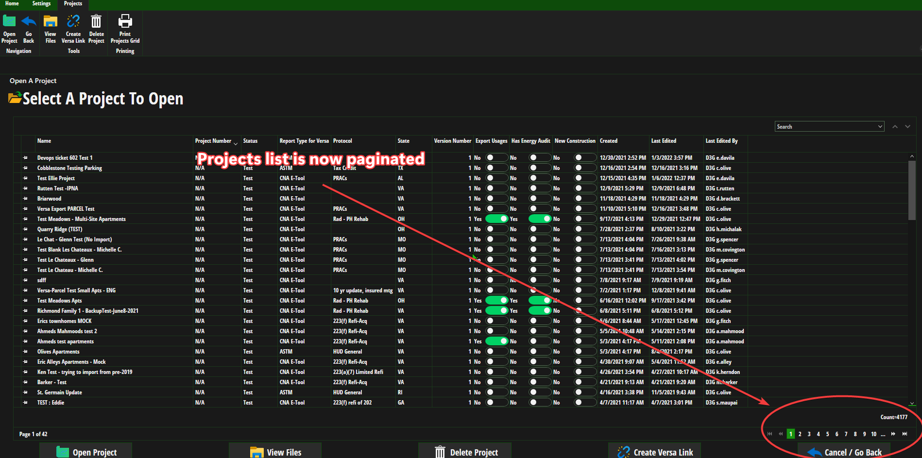 Example of open projects screen with pagination