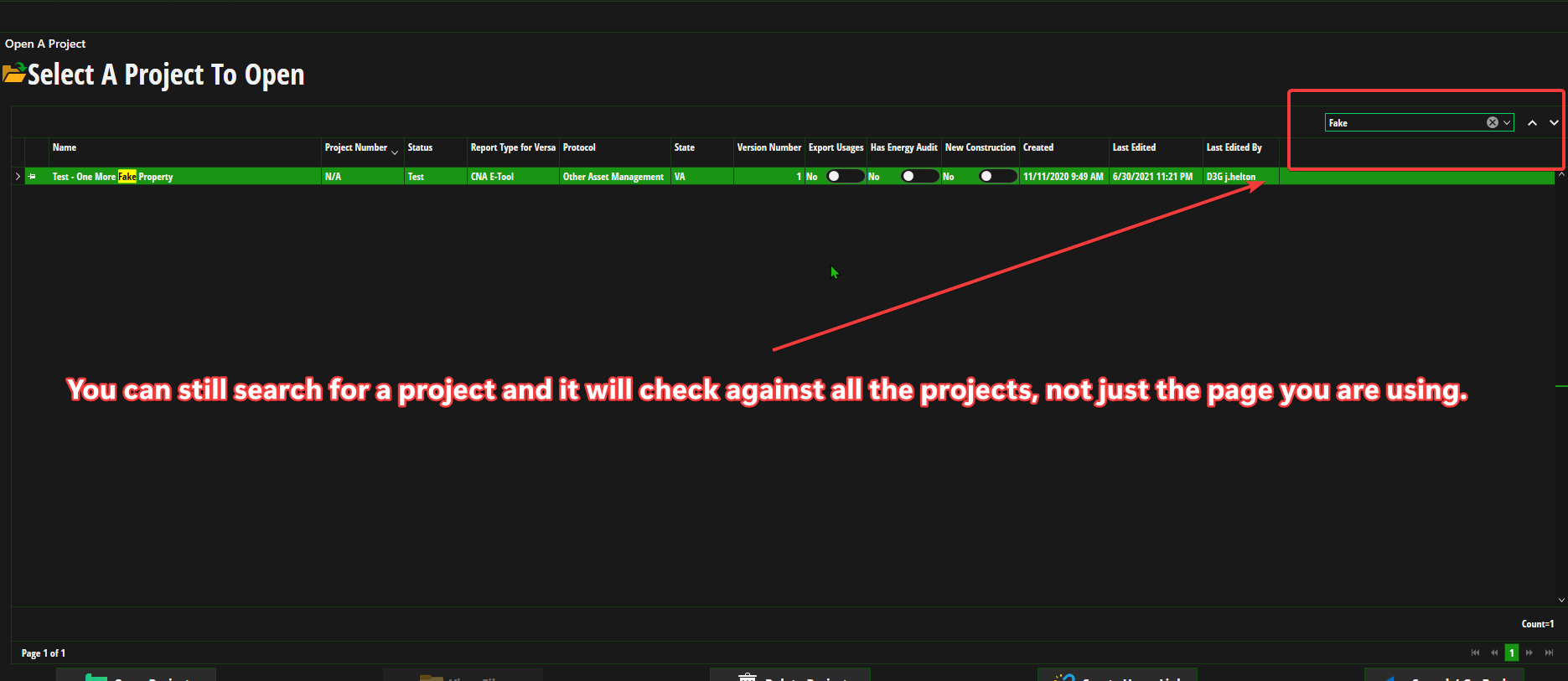 Example of open projects screen with pagination